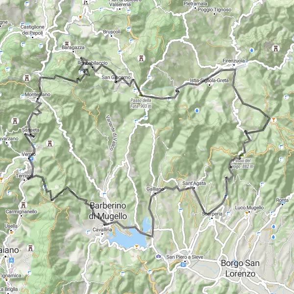 Map miniature of "From Vernio to Montepiano and beyond" cycling inspiration in Toscana, Italy. Generated by Tarmacs.app cycling route planner