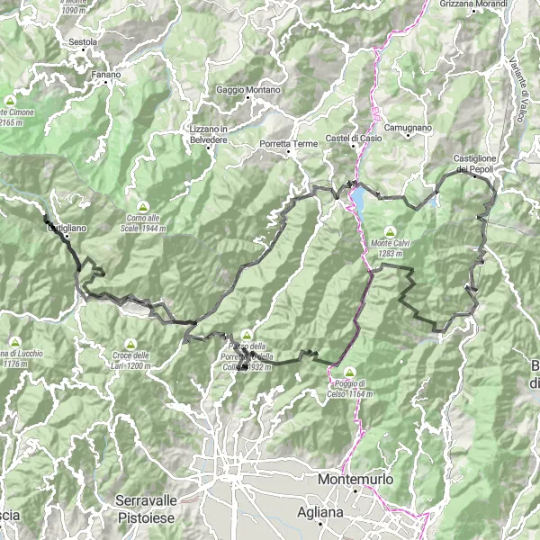 Miniatua del mapa de inspiración ciclista "Ruta en Carretera desde Vernio" en Toscana, Italy. Generado por Tarmacs.app planificador de rutas ciclistas