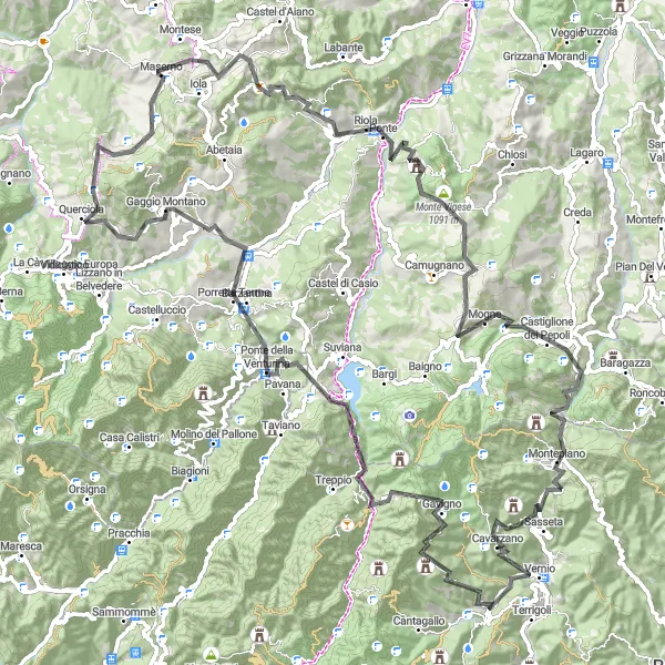Miniatua del mapa de inspiración ciclista "Ruta en carretera desde Vernio" en Toscana, Italy. Generado por Tarmacs.app planificador de rutas ciclistas