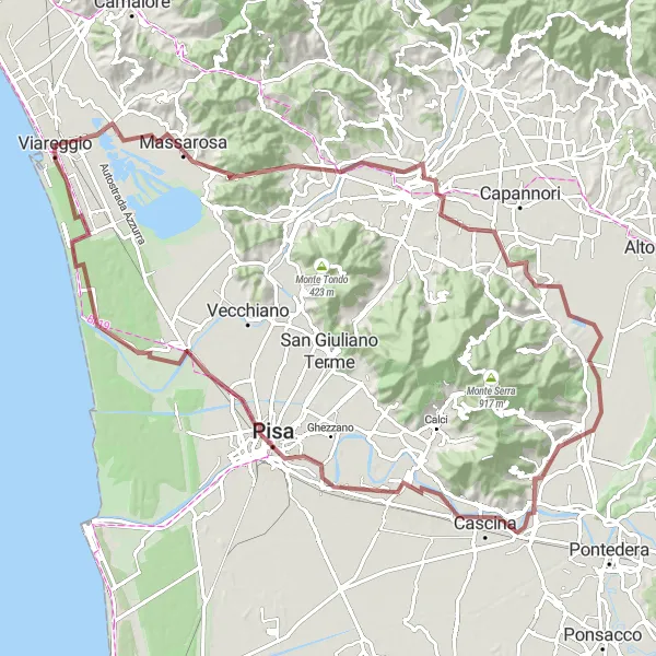 Miniaturní mapa "Gravelová dobrodružná cesta kolem Viareggia" inspirace pro cyklisty v oblasti Toscana, Italy. Vytvořeno pomocí plánovače tras Tarmacs.app