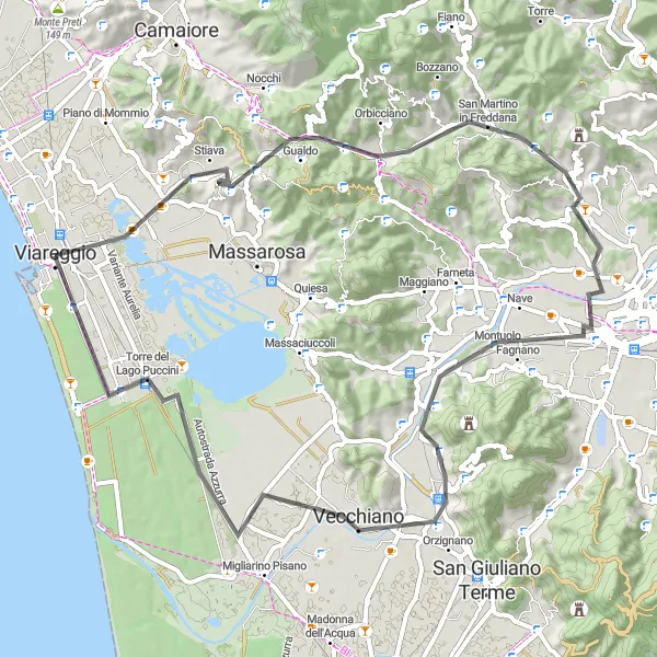 Miniatua del mapa de inspiración ciclista "Ruta Costera de Viareggio" en Toscana, Italy. Generado por Tarmacs.app planificador de rutas ciclistas