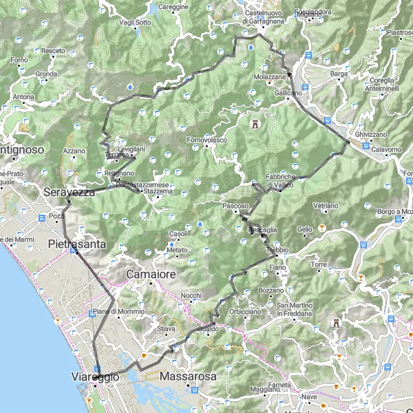 Map miniature of "The Garfagnana Loop" cycling inspiration in Toscana, Italy. Generated by Tarmacs.app cycling route planner