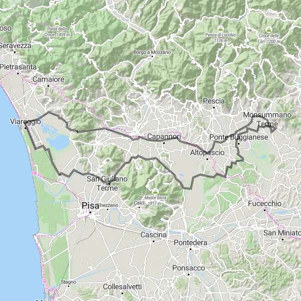 Miniatura della mappa di ispirazione al ciclismo "Cicloturismo tra Viareggio e Massarosa" nella regione di Toscana, Italy. Generata da Tarmacs.app, pianificatore di rotte ciclistiche