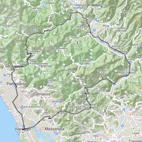 Mapa miniatúra "Cycling Adventure vo Florentínskych Alpách" cyklistická inšpirácia v Toscana, Italy. Vygenerované cyklistickým plánovačom trás Tarmacs.app