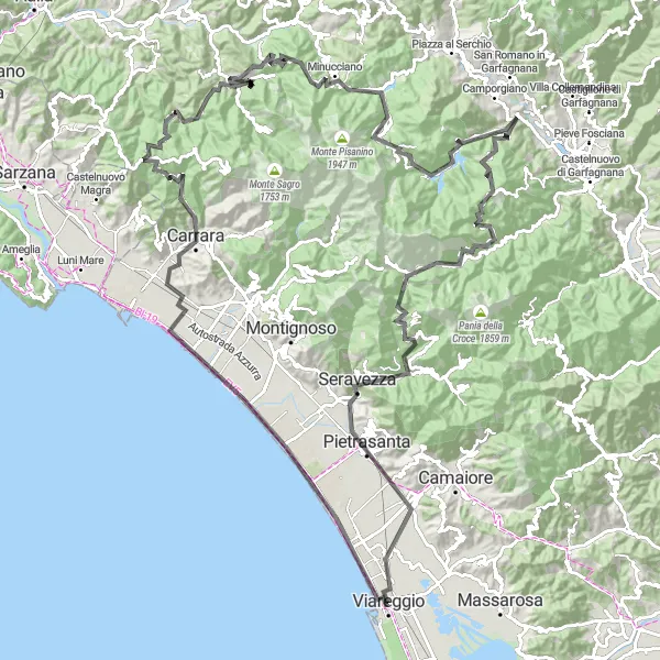 Miniature de la carte de l'inspiration cycliste "De Viareggio à Minucciano, Culaccio, Isola Santa, et retour" dans la Toscana, Italy. Générée par le planificateur d'itinéraire cycliste Tarmacs.app