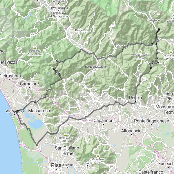 Mapa miniatúra "Trasa okolo Viareggia - Pescia - Lucca" cyklistická inšpirácia v Toscana, Italy. Vygenerované cyklistickým plánovačom trás Tarmacs.app