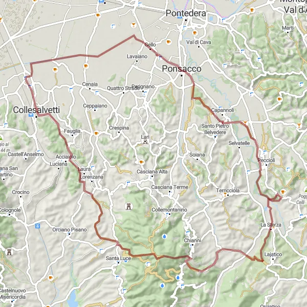 Zemljevid v pomanjšavi "Gorska kolesarska pot skozi Toskano" kolesarske inspiracije v Toscana, Italy. Generirano z načrtovalcem kolesarskih poti Tarmacs.app