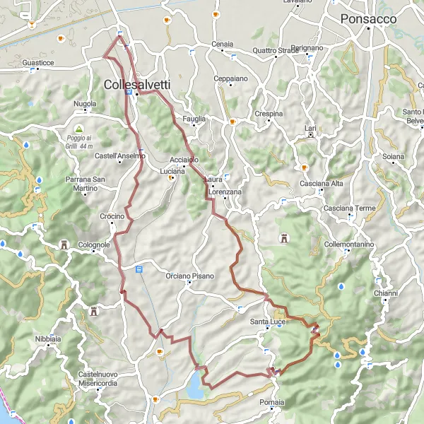 Mapa miniatúra "Gravel Route Through Fauglia and Pastina" cyklistická inšpirácia v Toscana, Italy. Vygenerované cyklistickým plánovačom trás Tarmacs.app