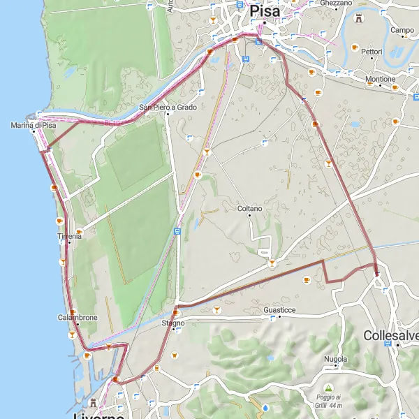 Miniatua del mapa de inspiración ciclista "Ruta de gravilla a Vicarello" en Toscana, Italy. Generado por Tarmacs.app planificador de rutas ciclistas