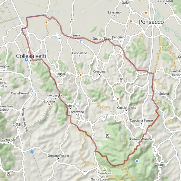 Miniaturní mapa "Gravel cyklistická trasa kolem Vicarello" inspirace pro cyklisty v oblasti Toscana, Italy. Vytvořeno pomocí plánovače tras Tarmacs.app