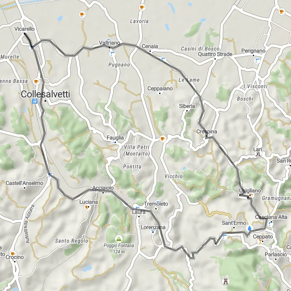 Kartminiatyr av "Kort og sjarmerende rute gjennom Crespina og Lorenzana" sykkelinspirasjon i Toscana, Italy. Generert av Tarmacs.app sykkelrutoplanlegger