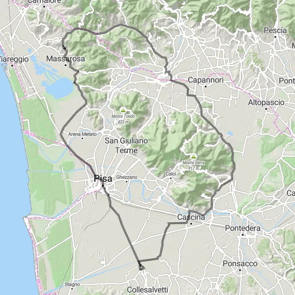 Miniatua del mapa de inspiración ciclista "Ruta en Carretera a Pisa y Vicarello" en Toscana, Italy. Generado por Tarmacs.app planificador de rutas ciclistas