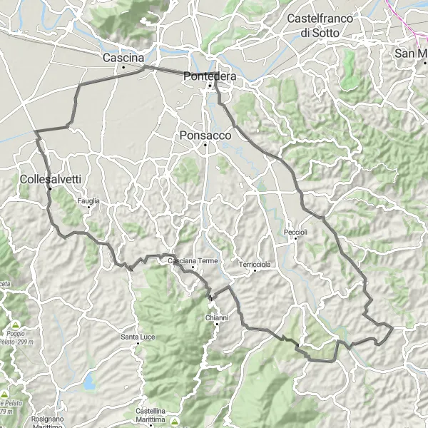 Miniatua del mapa de inspiración ciclista "Ruta escénica por carretera hacia Lajatico y Sant'Ermo" en Toscana, Italy. Generado por Tarmacs.app planificador de rutas ciclistas