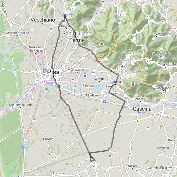 Mapa miniatúra "Road to San Giuliano Terme" cyklistická inšpirácia v Toscana, Italy. Vygenerované cyklistickým plánovačom trás Tarmacs.app