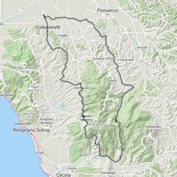 Miniatura della mappa di ispirazione al ciclismo "Giro in bicicletta road da Vicarello" nella regione di Toscana, Italy. Generata da Tarmacs.app, pianificatore di rotte ciclistiche