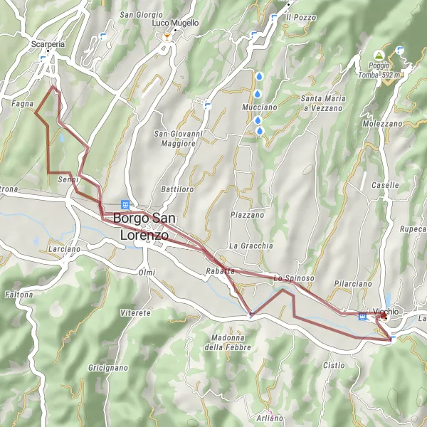 Map miniature of "Gravel route from Vicchio to Sagginale" cycling inspiration in Toscana, Italy. Generated by Tarmacs.app cycling route planner