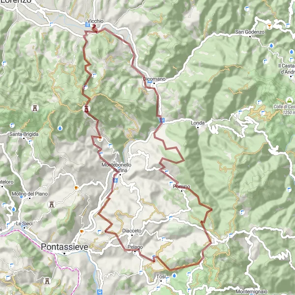 Miniatuurkaart van de fietsinspiratie "Gravel Route naar Vicchio via Rufina" in Toscana, Italy. Gemaakt door de Tarmacs.app fietsrouteplanner