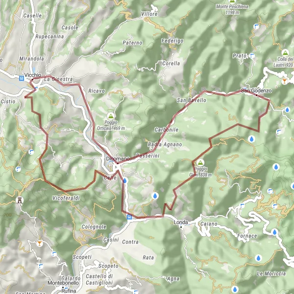 Miniatura mapy "Trasa gravelowa Vicchio - Dicomano - San Godenzo - Maestà di Tizzano - Contea - Poggio le Piane - Vicchio" - trasy rowerowej w Toscana, Italy. Wygenerowane przez planer tras rowerowych Tarmacs.app
