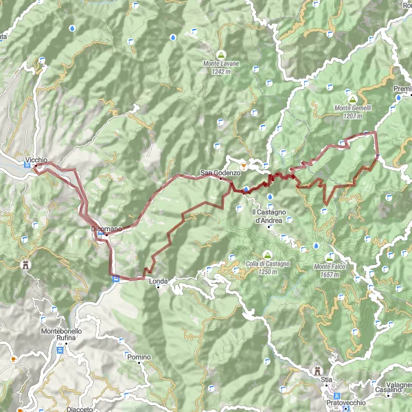 Map miniature of "Challenging gravel route from Vicchio to Poggio Castiroccoli" cycling inspiration in Toscana, Italy. Generated by Tarmacs.app cycling route planner