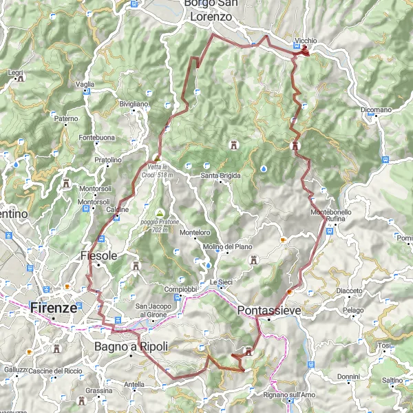 Miniatura della mappa di ispirazione al ciclismo "Escursione in Mountain Bike da Vicchio a Fiesole" nella regione di Toscana, Italy. Generata da Tarmacs.app, pianificatore di rotte ciclistiche