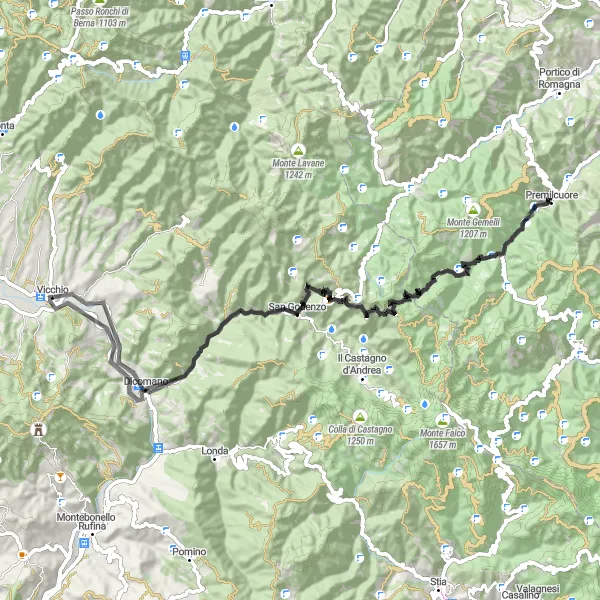 Miniatua del mapa de inspiración ciclista "Ruta de ciclismo de carretera a través de Dicomano y San Godenzo" en Toscana, Italy. Generado por Tarmacs.app planificador de rutas ciclistas