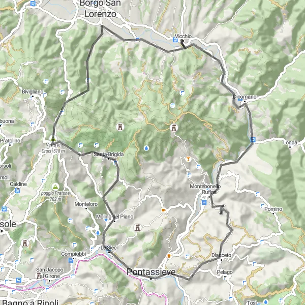 Miniaturní mapa "Okruh kolem Vicchia přes Pontassieve a Poggio Loro" inspirace pro cyklisty v oblasti Toscana, Italy. Vytvořeno pomocí plánovače tras Tarmacs.app