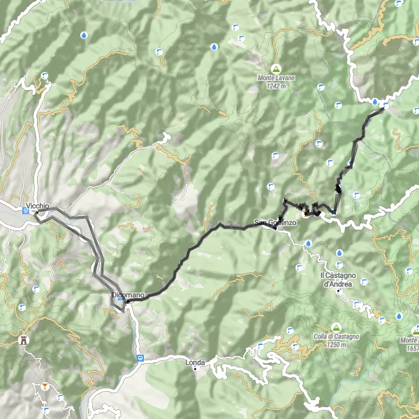 Miniaturní mapa "Náročný okruh s výstupy přes Monte di Casi a Passo del Muraglione" inspirace pro cyklisty v oblasti Toscana, Italy. Vytvořeno pomocí plánovače tras Tarmacs.app