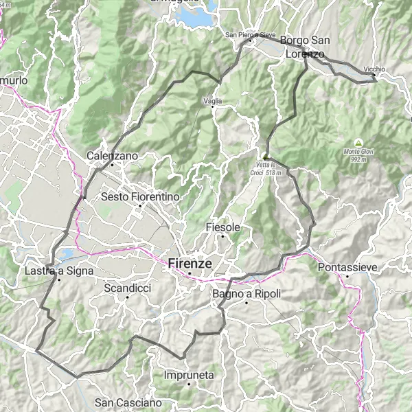 Karten-Miniaturansicht der Radinspiration "Straßenrundweg mit 1666m Aufstieg in der Nähe von Vicchio" in Toscana, Italy. Erstellt vom Tarmacs.app-Routenplaner für Radtouren