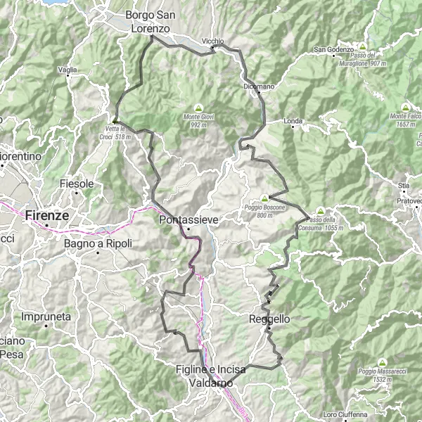 Zemljevid v pomanjšavi "Razgibana cestna tura z izhodiščem v Vicchiu" kolesarske inspiracije v Toscana, Italy. Generirano z načrtovalcem kolesarskih poti Tarmacs.app