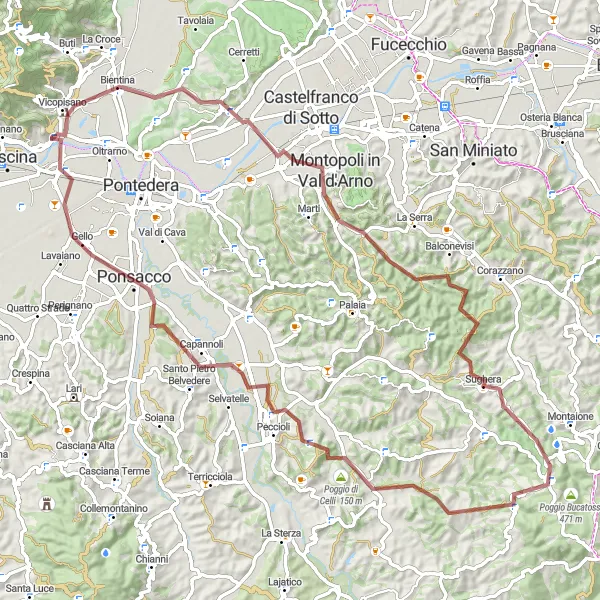 Map miniature of "Val d'Arno Extended Gravel Loop" cycling inspiration in Toscana, Italy. Generated by Tarmacs.app cycling route planner