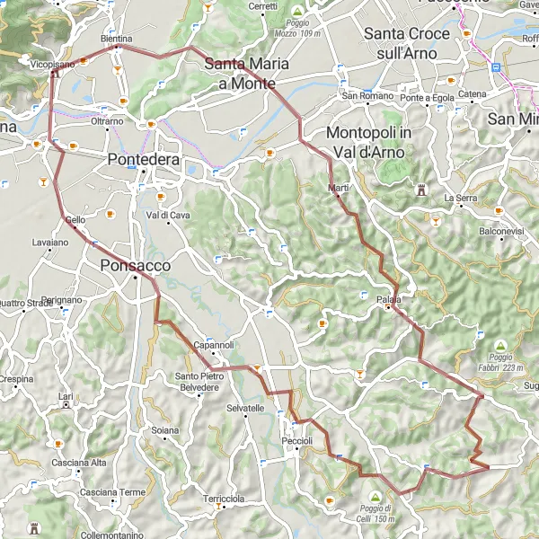 Map miniature of "Vicopisano to Palaia Gravel Cycling Route" cycling inspiration in Toscana, Italy. Generated by Tarmacs.app cycling route planner