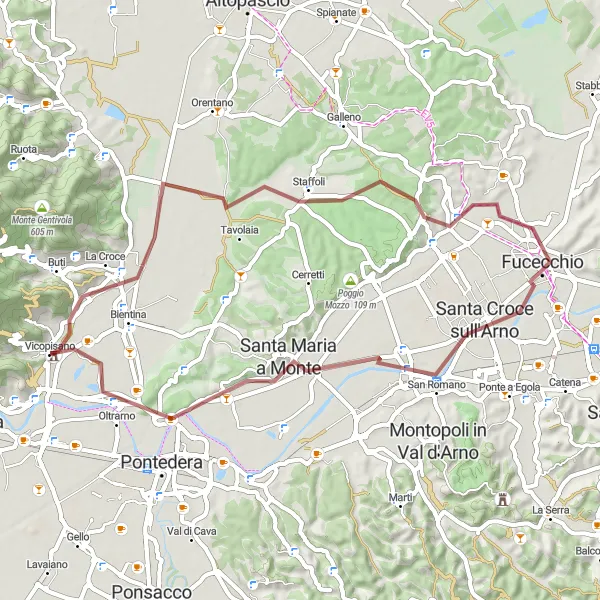 Miniaturní mapa "Gravel okruh kolem Cascine di Buti a Santa Maria a Monte" inspirace pro cyklisty v oblasti Toscana, Italy. Vytvořeno pomocí plánovače tras Tarmacs.app