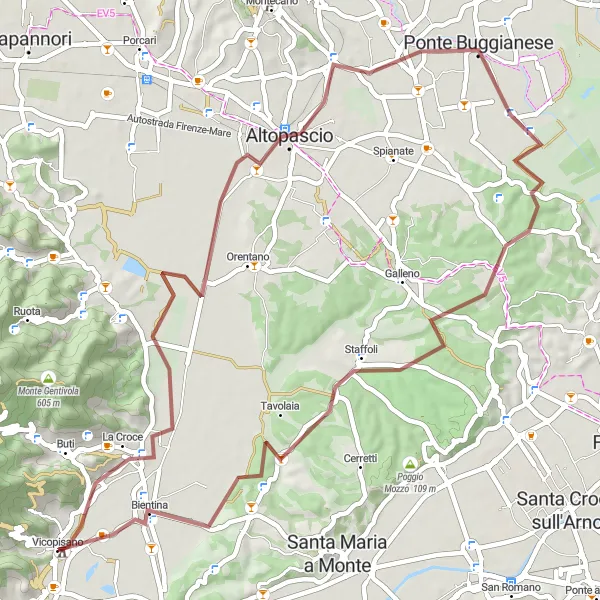 Karttaminiaatyyri "Toinen polkupyöräilyreitti Vicopisan lähellä - 59 km" pyöräilyinspiraatiosta alueella Toscana, Italy. Luotu Tarmacs.app pyöräilyreittisuunnittelijalla