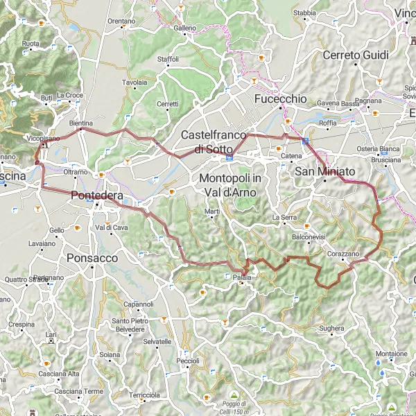 Miniatuurkaart van de fietsinspiratie "Gravelroute via Santa Maria a Monte en Rocca di Palaia" in Toscana, Italy. Gemaakt door de Tarmacs.app fietsrouteplanner