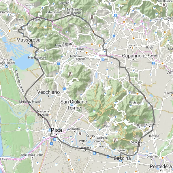 Miniatua del mapa de inspiración ciclista "Ruta de Carretera Monte Perocchio-Pisa" en Toscana, Italy. Generado por Tarmacs.app planificador de rutas ciclistas