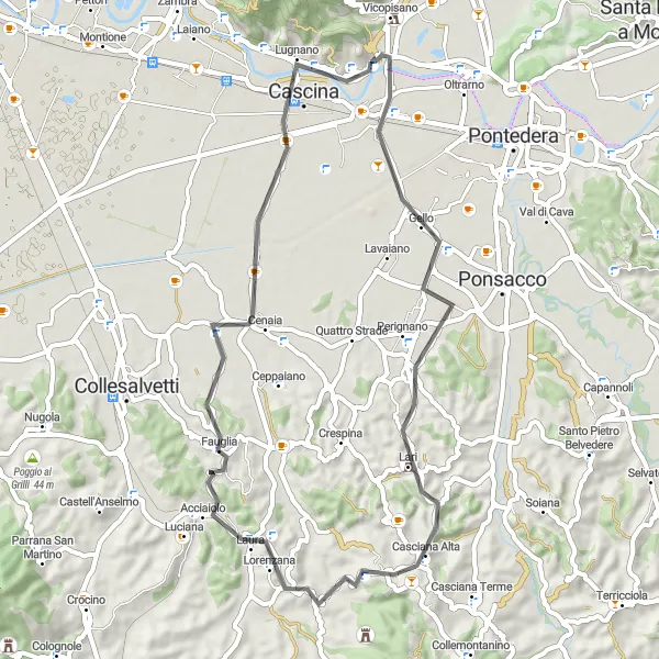 Karttaminiaatyyri "Pyöräily Poggio Rattanabolin läpi Fauglian kyliin" pyöräilyinspiraatiosta alueella Toscana, Italy. Luotu Tarmacs.app pyöräilyreittisuunnittelijalla