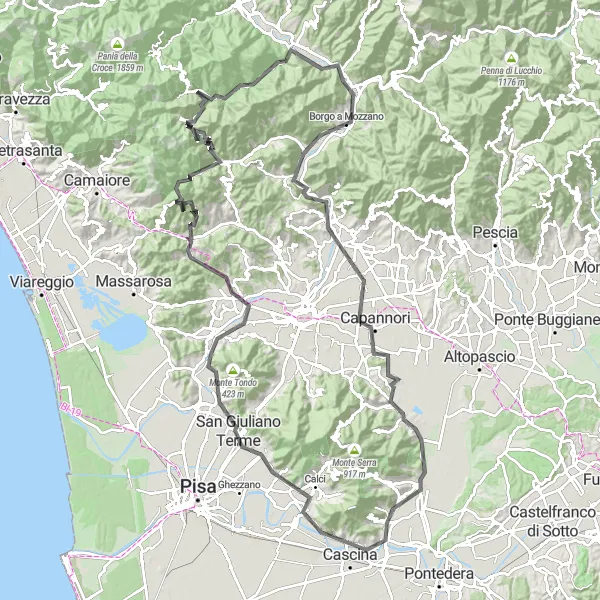 Map miniature of "Vicopisano to Borgo a Mozzano Road Cycling Route" cycling inspiration in Toscana, Italy. Generated by Tarmacs.app cycling route planner
