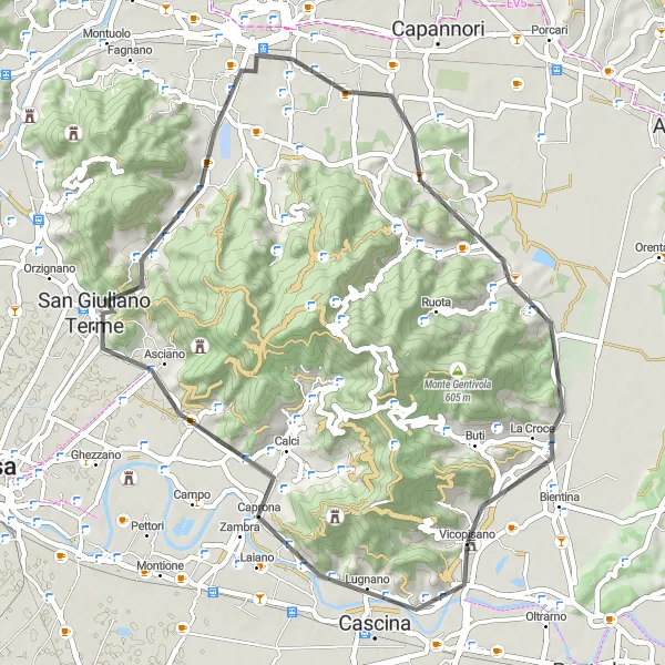 Mapa miniatúra "Cyklistický okruh Calci - Lucca" cyklistická inšpirácia v Toscana, Italy. Vygenerované cyklistickým plánovačom trás Tarmacs.app