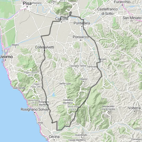 Map miniature of "Vicopisano to Pontedera Road Cycling Route" cycling inspiration in Toscana, Italy. Generated by Tarmacs.app cycling route planner