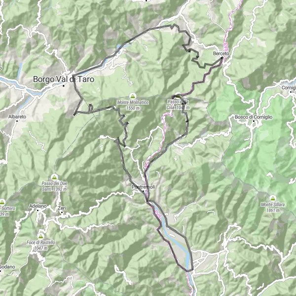 Miniaturní mapa "Okružní trasa Pontremoli a Berceto" inspirace pro cyklisty v oblasti Toscana, Italy. Vytvořeno pomocí plánovače tras Tarmacs.app