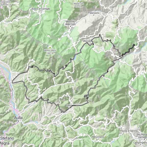 Miniatua del mapa de inspiración ciclista "Ruta de Montañas y Valles (Mountains and Valleys Route)" en Toscana, Italy. Generado por Tarmacs.app planificador de rutas ciclistas