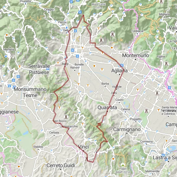 Miniatura della mappa di ispirazione al ciclismo "Tour in gravel tra Lamporecchio e Il Cupolino" nella regione di Toscana, Italy. Generata da Tarmacs.app, pianificatore di rotte ciclistiche