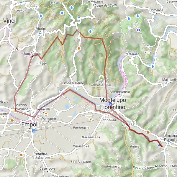 Kartminiatyr av "Kulturelle høydepunkter i Vinci-regionen" sykkelinspirasjon i Toscana, Italy. Generert av Tarmacs.app sykkelrutoplanlegger