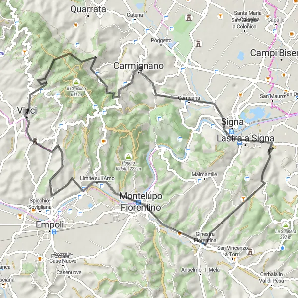 Miniatura della mappa di ispirazione al ciclismo "Bike tour tra Vinci e Montelupo Fiorentino" nella regione di Toscana, Italy. Generata da Tarmacs.app, pianificatore di rotte ciclistiche