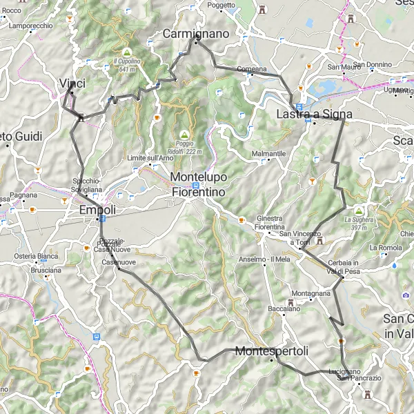 Zemljevid v pomanjšavi "Razgibana cestna kolesarska tura okoli Vinci" kolesarske inspiracije v Toscana, Italy. Generirano z načrtovalcem kolesarskih poti Tarmacs.app