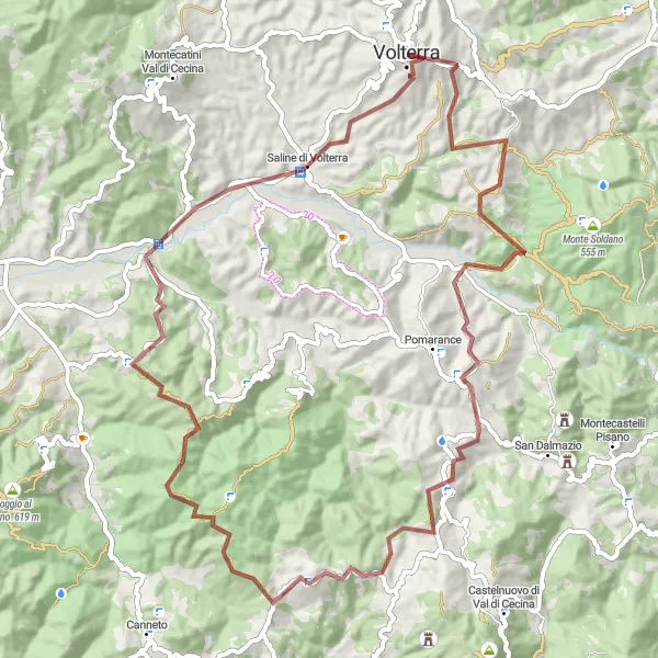 Miniaturekort af cykelinspirationen "Gruscykelrute Montereggi Circuit" i Toscana, Italy. Genereret af Tarmacs.app cykelruteplanlægger