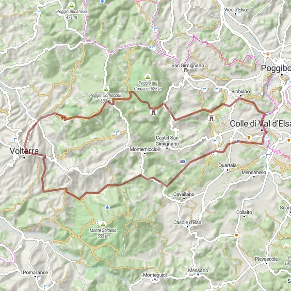 Zemljevid v pomanjšavi "Gravel Route around Volterra" kolesarske inspiracije v Toscana, Italy. Generirano z načrtovalcem kolesarskih poti Tarmacs.app