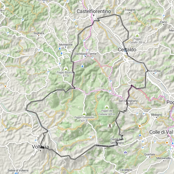 Miniatura della mappa di ispirazione al ciclismo "Volterra - Castel San Gimignano" nella regione di Toscana, Italy. Generata da Tarmacs.app, pianificatore di rotte ciclistiche