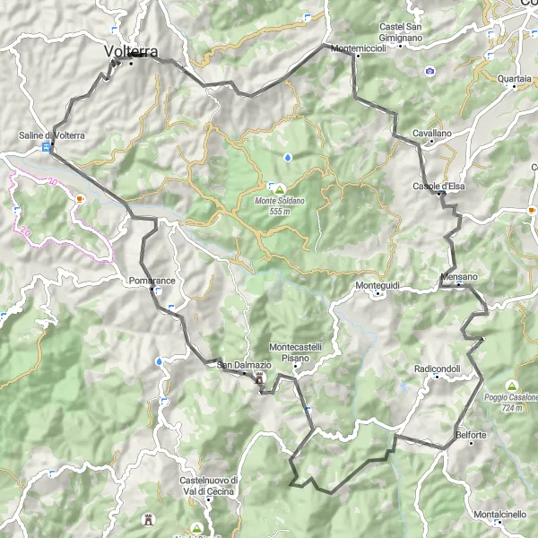 Miniatura della mappa di ispirazione al ciclismo "Road Volterra - Pomarance Loop" nella regione di Toscana, Italy. Generata da Tarmacs.app, pianificatore di rotte ciclistiche