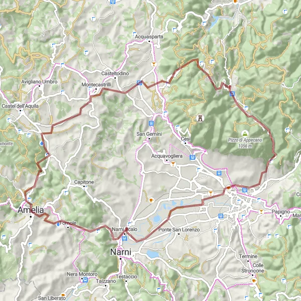 Map miniature of "Amelia to Monte Piglio Gravel Route" cycling inspiration in Umbria, Italy. Generated by Tarmacs.app cycling route planner